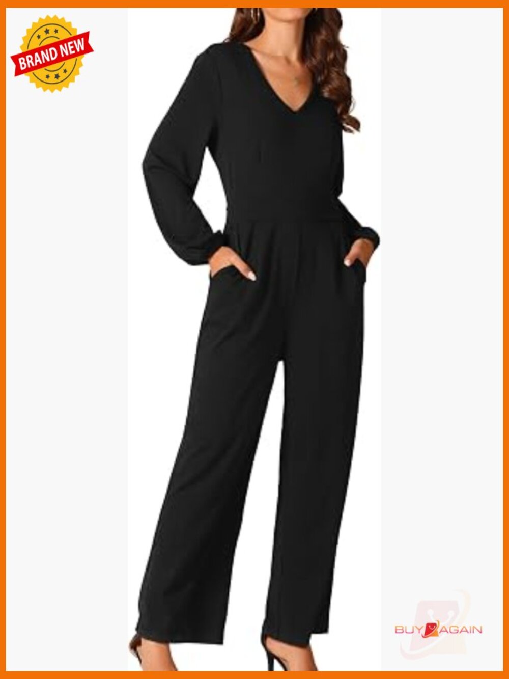 Women's V Neck Long Sleeve High Waist Wide Leg Jumpsuit with Pockets